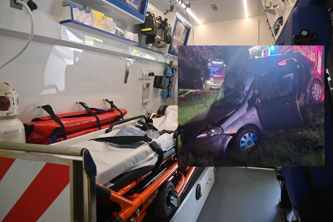 Řidič v noci havaroval, po nehodě letěl do nemocnice vrtulníkem. Foto: Daniela Drozdová + Policie ČR (koláž)
