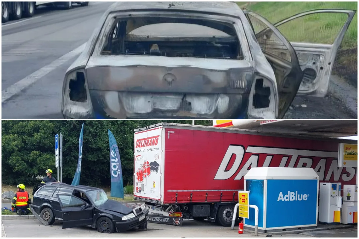 Perný den na D1: Jedno auto hořelo, další řidička nabourala vozidlo na benzince