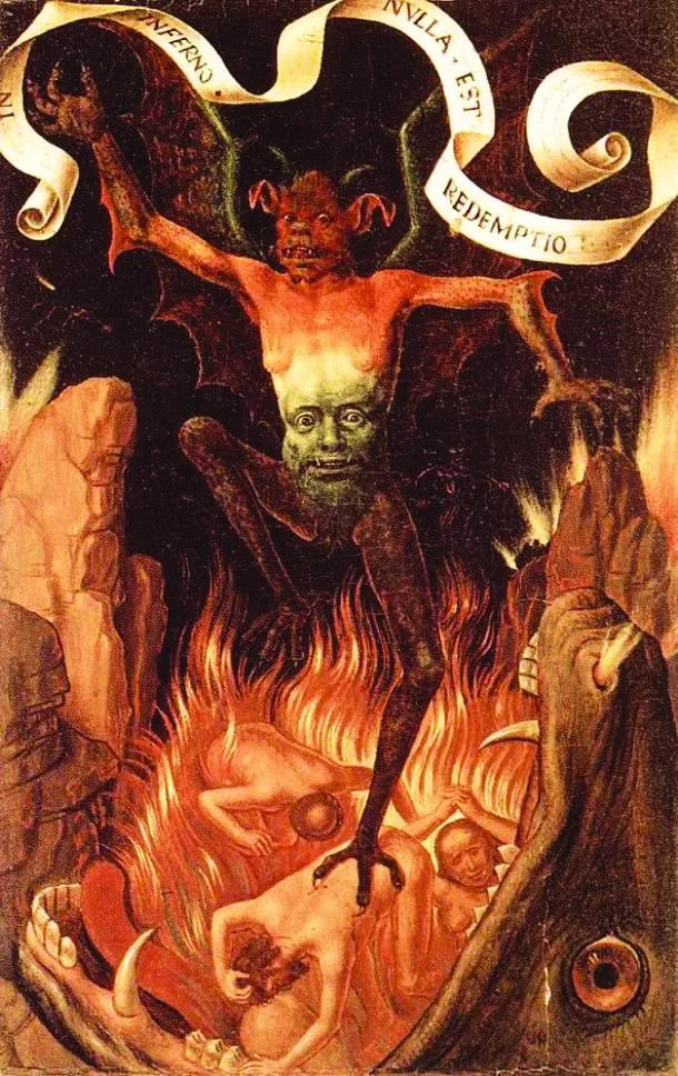 Středověké vyobrazení muk a hrůz, která čekají hříšníky v pekelných plamenech. Centrální postavou uměleckého ztvárnění je Lucifer, pán všeho zla. Reprofoto: archiv Stanislava Jelínka