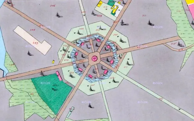 Starý Pávov. Katastrální mapa – 1838. Pohled na areál zámečku s pavilóny.