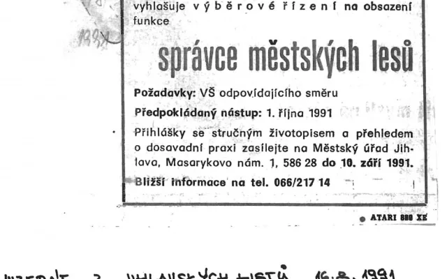 Inzerát z počátku devadesátých let