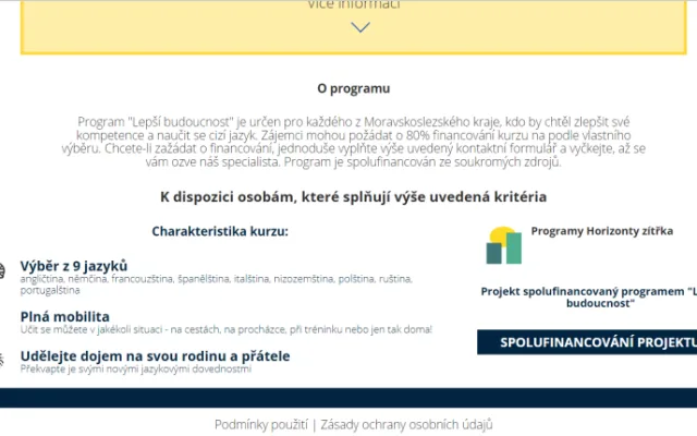 Ukázka webu, který nabízel ženám jazykové kurzy, na které mohly čerpat neexistující dotační titul