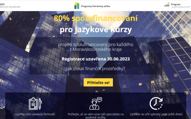 Ukázka webu, který nabízel ženám jazykové kurzy, na které mohly čerpat neexistující dotační titul