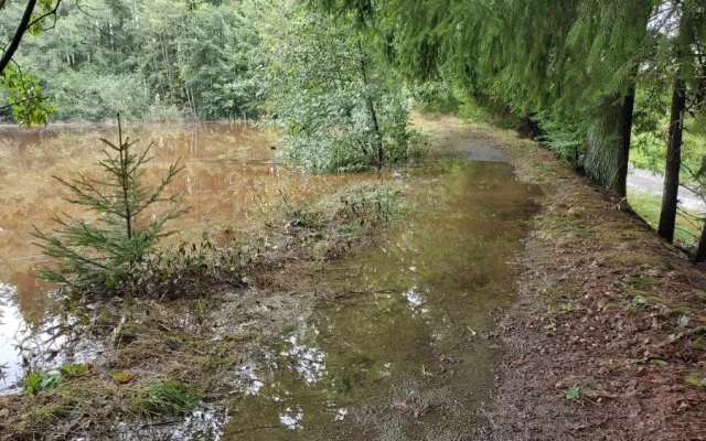 V Třešti se protrhla hráz rybníka, ohrožená je přilehlá chatová oblast. Na místě jsou teď hasiči