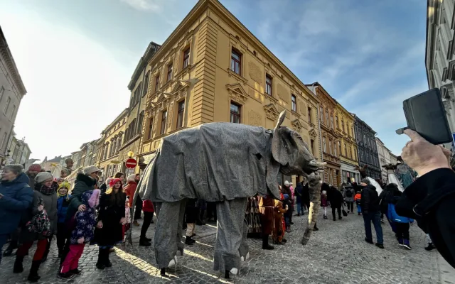VIDEO: Veselý masopust v centru Jihlavy. V průvodu šla zvířata ze zoo, nadživotní loutky i moderátor v televizi