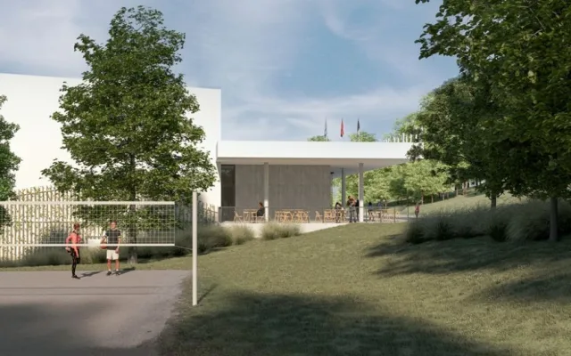 Vizualizace: Velké Meziříčí bude mít příští rok halu pro míčové sporty za 156 milionů korun. Foto: Velké Meziříčí/Cuboid architekti