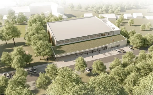 Vizualizace: Velké Meziříčí bude mít příští rok halu pro míčové sporty za 156 milionů korun. Foto: Velké Meziříčí/Cuboid architekti