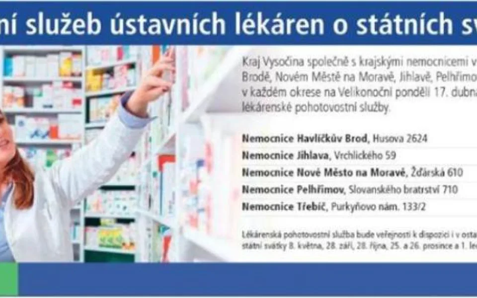 Lékárny krajských nemocnic na Vysočině budou mít na Pondělí velikonoční otevřeno