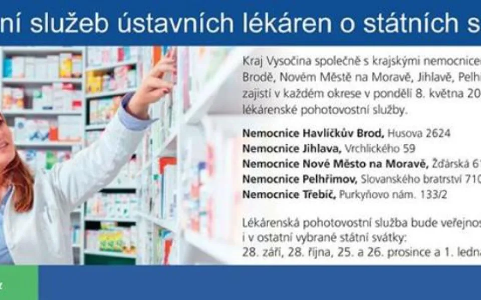 Lékárny krajských nemocnic na Vysočině budou mít na pondělní státní svátek otevřeno