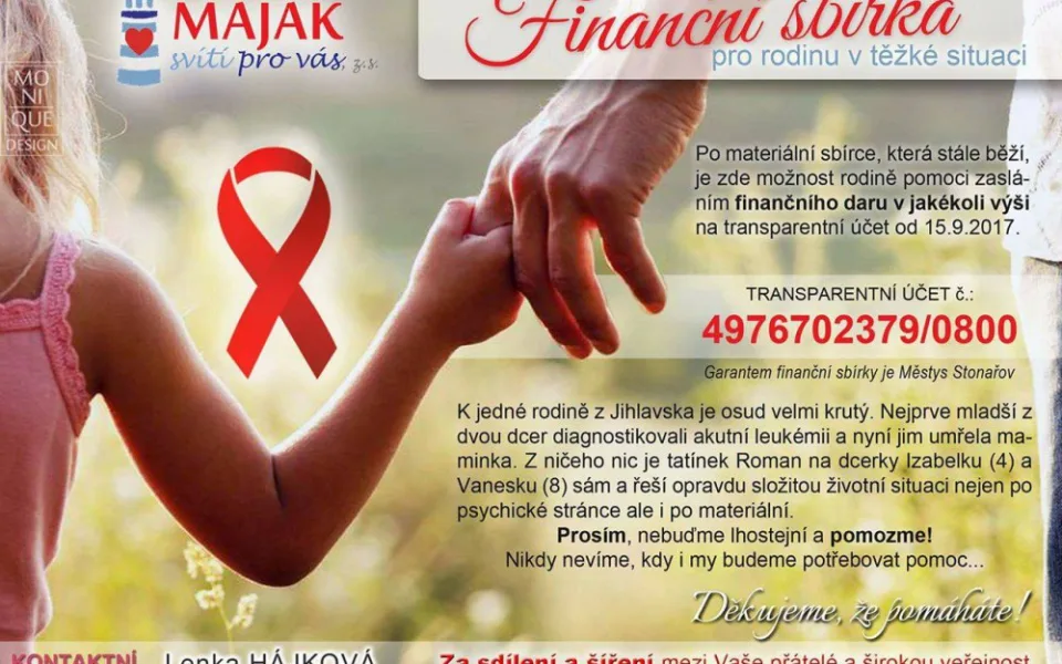 Pro rodinu ze Stonařova, která se ocitla v tíživé životní situaci, byl zřízen transparentní účet