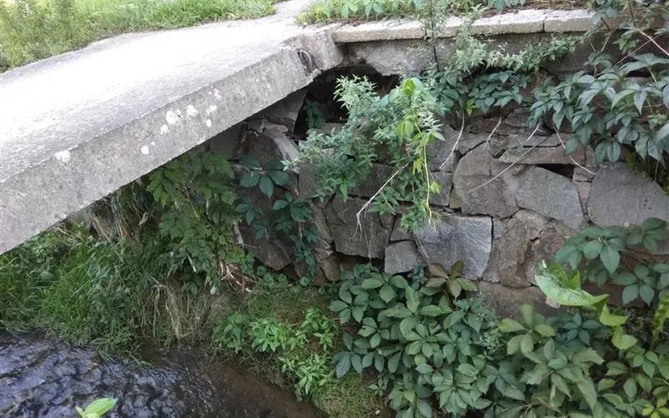 Betonová lávka přes Koželužský potok je v havarijním stavu. Momentálně je neprůchozí