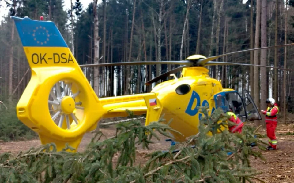 Vrtulník dnes letěl do lesa ke zraněnému muži. Během kácení na něj spadla větev