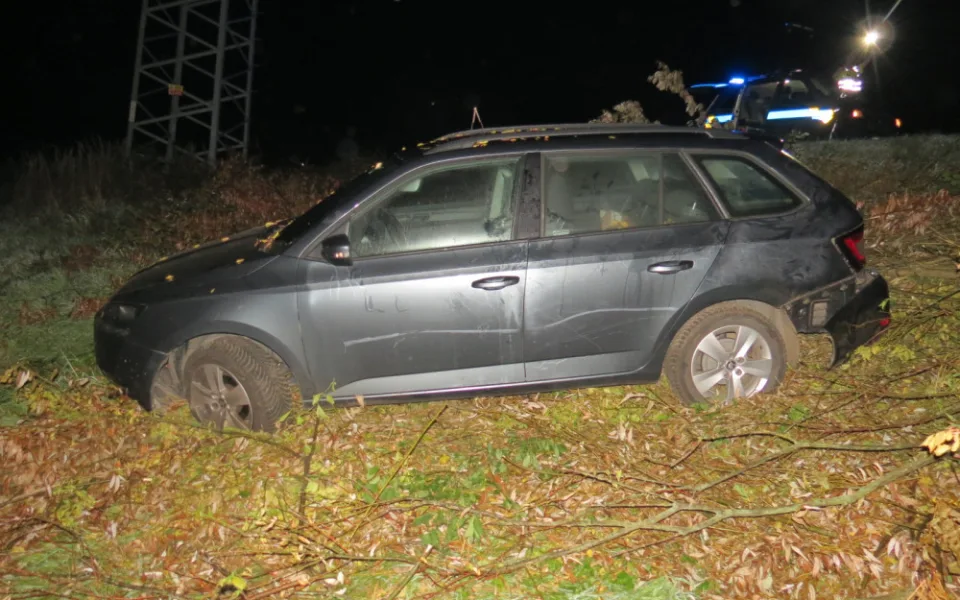 Řidič s 1,5 promile vyjel ze silnice a skončil v příkopu. Se spolujezdcem od nehody odešli, vypátral je psovod