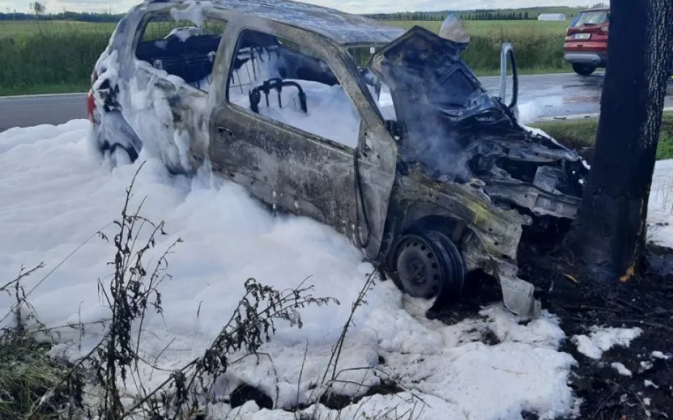Řidič vyjel ze silnice a narazil do stromu, z hořícího auta vyvázl s lehkým zraněním. Foto: poskytla Policie ČR