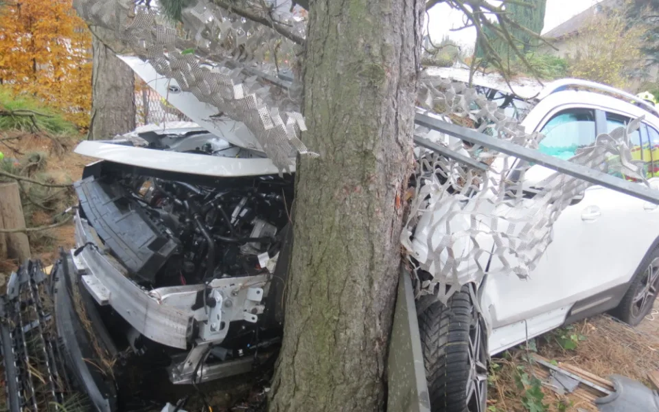 Řidička se zřejmě nevěnovala řízení, s mercedesem projela plotem na zahradu. Foto: se svolením Policie ČR