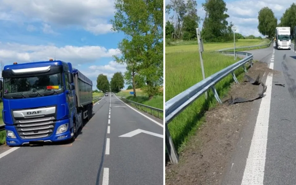 Na nákladním autě praskla pneumatika, neovladatelný kolos zastavila svodidla. Foto: Se svolením Policie ČR
