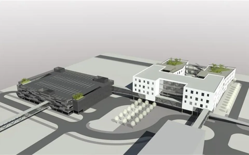 Vizualizace toho, jak bude nový pavilon a parkovací dům vypadat