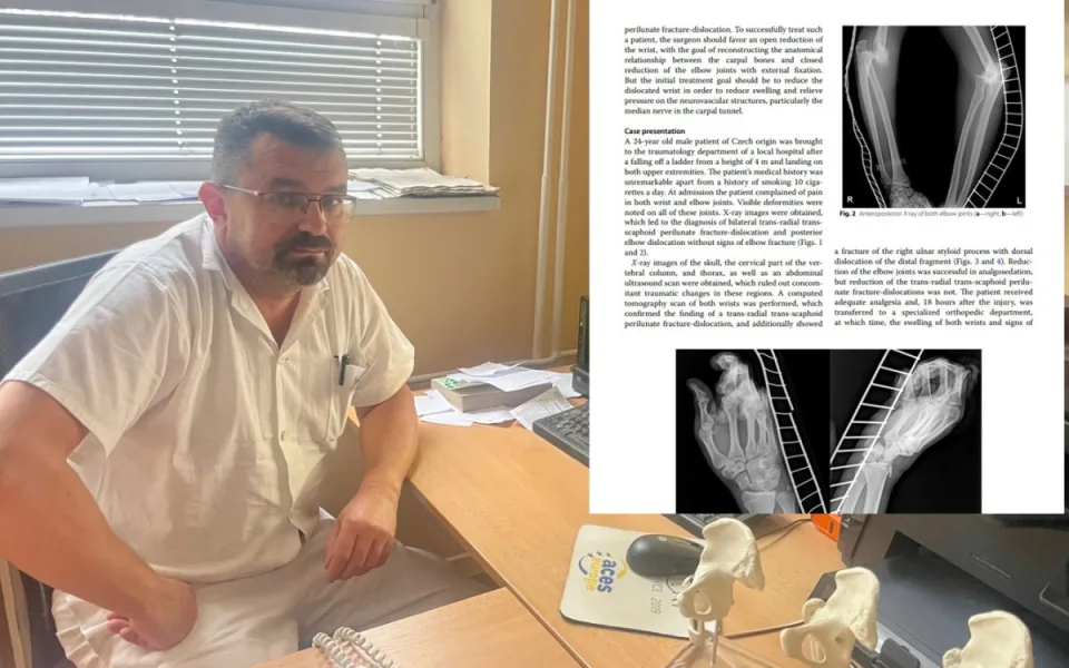 Primář Jaroslav Pilný a část jeho článku v prestižním časopise. Foto: Se svolením Nemocnice Nové Město na Moravě