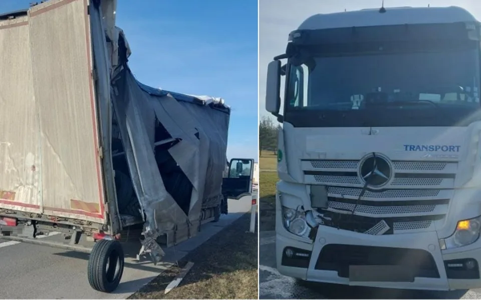 Na dálnici se po nehodě tří kamionů vysypaly pneumatiky, viník měl 0,64 promile. Foto: Se svolením Policie ČR