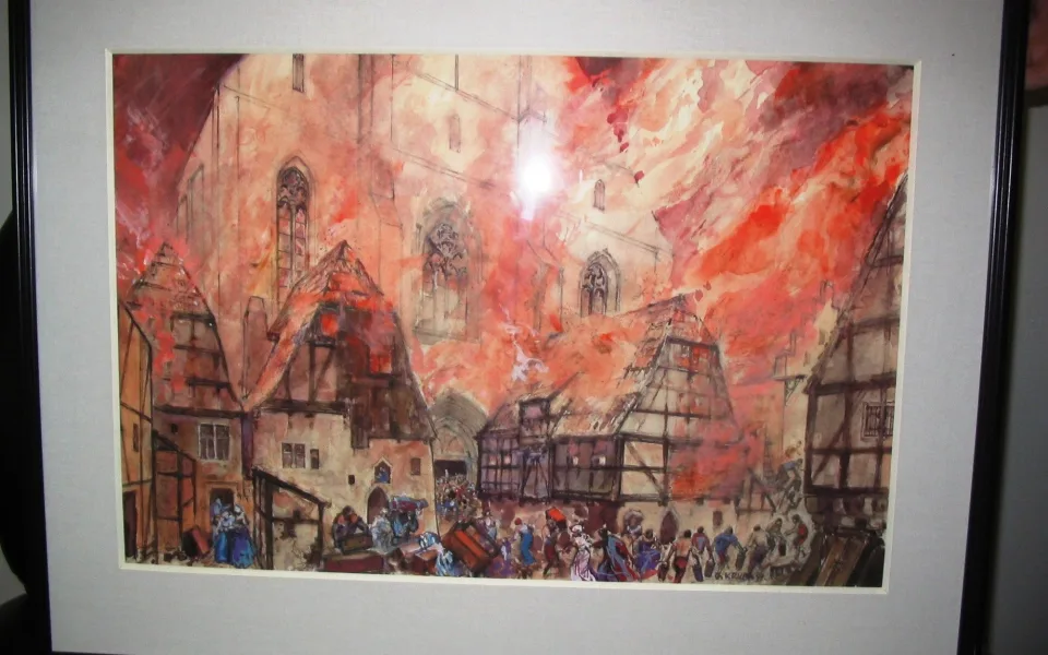 Obraz jihlavského malíře Gustava Kruma s názvem 1525 – Požár gotického města. Reprofoto: publikace Z historie města Jihlavy Obrazy Gustava Kruma