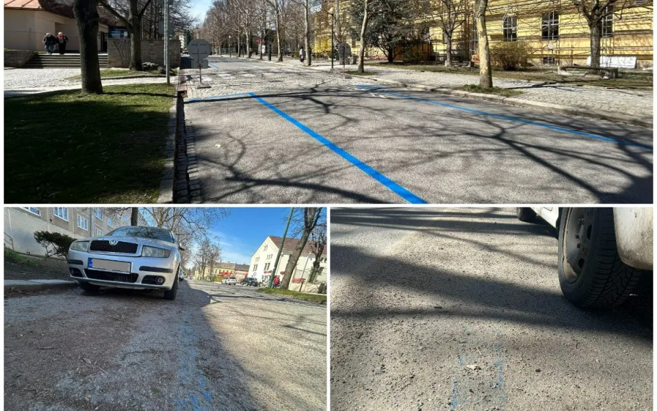 Ilustrační foto, obnova čar u jihlavského gymnázia a téměř neviditelné značení v blízkosti pivovaru