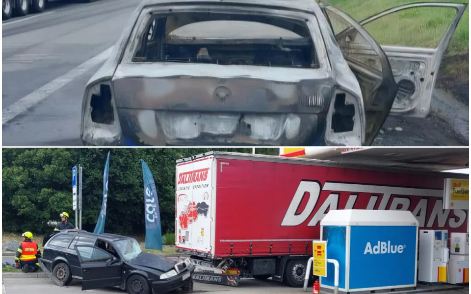 Perný den na D1: Jedno auto hořelo, další řidička nabourala vozidlo na benzince